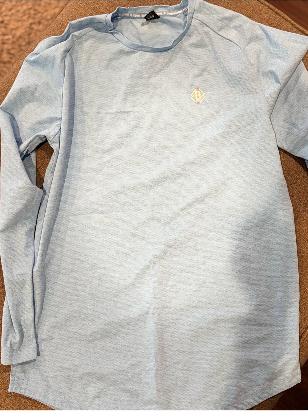 Men's Light Blue Diamond Tech Long-Sleeve Crewneck Shirt with Subtle Chest Logo